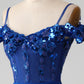 Royal Blue Mermaid Spaghetti Straps Beaded Corset Prom Dress with Slit Sexy Evening Dresses