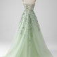 A-Line Long Corset Appliqued Prom Dress with Detachable Sleeves V-neck Floor Length