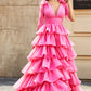 Fuchsia A-Line Deep V Neck Tiered Long Prom Dress With Slit Floor Length Sexy