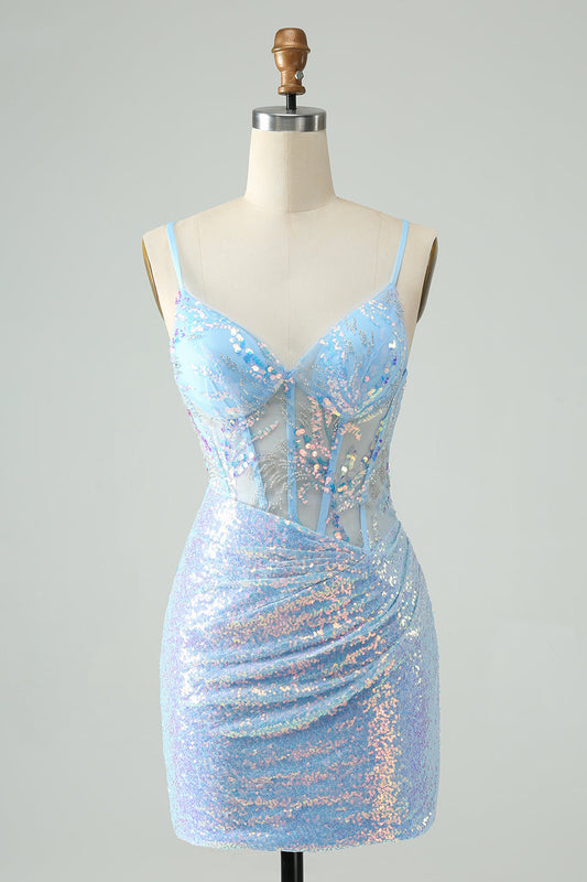 Glitter Tight Spaghetti Straps Corset Short Homecoming Dress with Sequins Sparkly