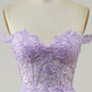 Light Purple A-Line Off The Shoulder Long Corset Tulle Prom Dress with Lace Beautiful