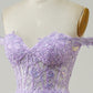 Light Purple A-Line Off The Shoulder Long Corset Tulle Prom Dress with Lace Beautiful