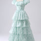 Light Blue Floral Print A-Line Off The Shoulder Tiered Prom Dress Floor Length Beautiful