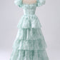Light Blue Floral Print A-Line Off The Shoulder Tiered Prom Dress Floor Length Beautiful