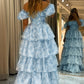 Light Blue Floral Print A-Line Off The Shoulder Tiered Prom Dress Floor Length Beautiful