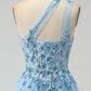 Light Blue A-Line One Shoulder Sequin Prom Dress with Appliques Floor Length