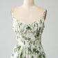 Green A-Line Spaghetti Straps Printed Floor Length Dress With Slit Beautiful