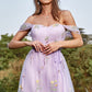 Lavender A Line Off The Shoulder Tulle Formal Dress With Embroidery Prom Dress With Flowers