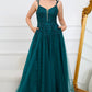 Dark Green A Line Spaghetti Straps Long Prom Dress with Appliques Floor Length With Slit