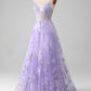 Light Purple A Line Spaghetti Straps Sparkly Prom Dress With Beading V-neck Floor Length