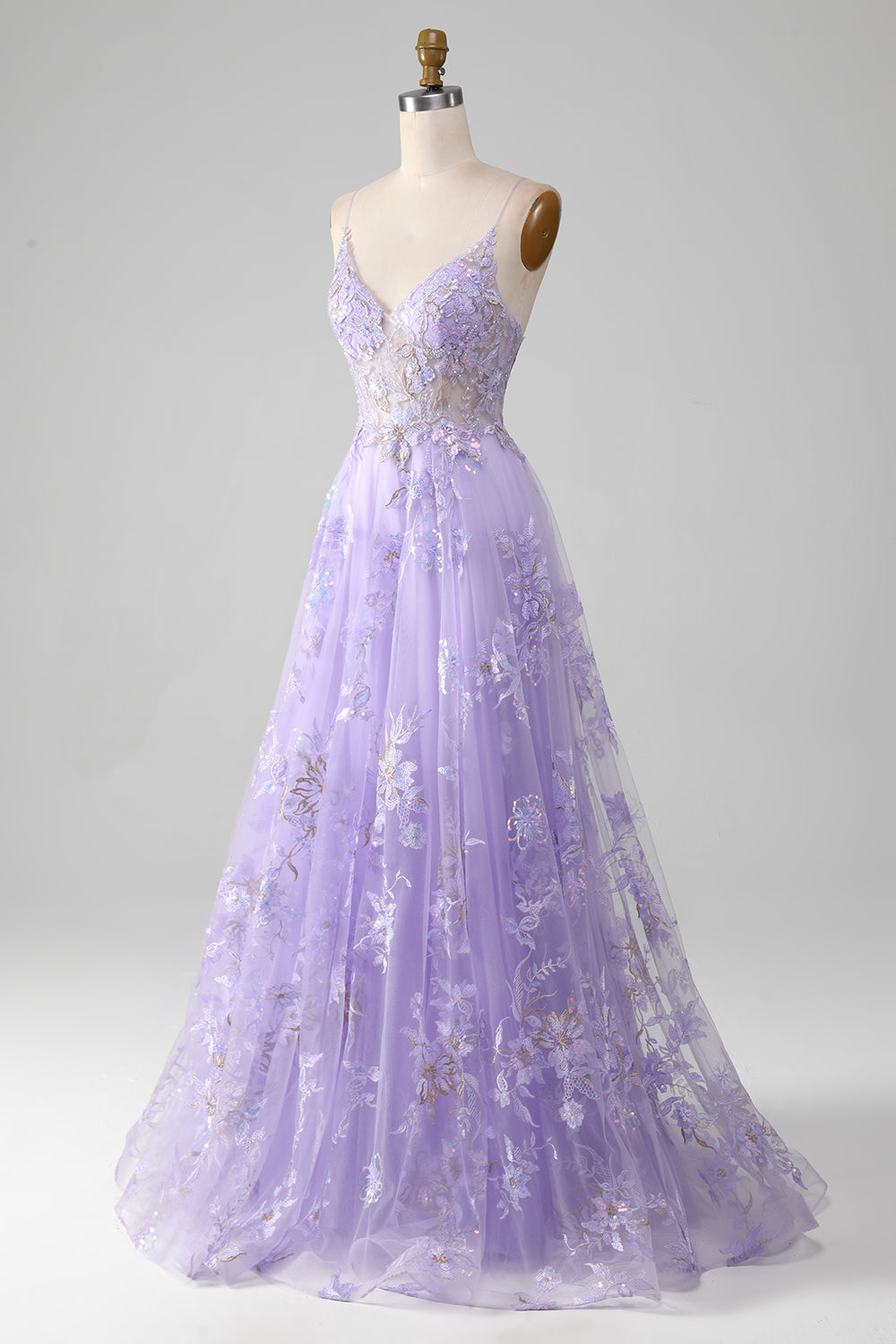 Light Purple A Line Spaghetti Straps Sparkly Prom Dress With Beading V-neck Floor Length