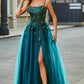 A Line Spaghetti Straps Tulle Long Appliqued Prom Dress With Slit Sparkly