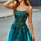 A Line Spaghetti Straps Tulle Long Appliqued Prom Dress With Slit Sparkly