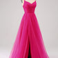 A-Line Spaghetti Straps Long Corset Fuchsia Prom Dress with Slit Pure Color