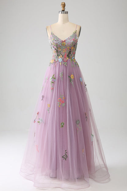 Mauve A-Line Spaghetti Straps Tulle Long Prom Dress With Embroidery With Flowers