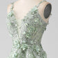 A-Line Long Corset Appliqued Prom Dress with Detachable Sleeves V-neck Floor Length