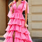 Fuchsia A-Line Deep V Neck Tiered Long Prom Dress With Slit Floor Length Sexy