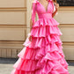 Fuchsia A-Line Deep V Neck Tiered Long Prom Dress With Slit Floor Length Sexy
