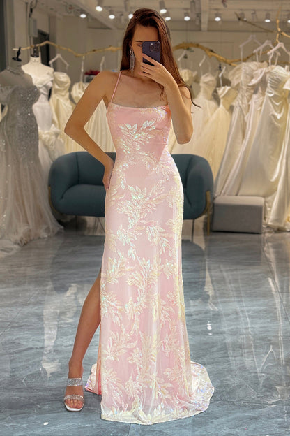 Pink Mermaid Spaghetti Straps Sparkly Long Prom Dress with Slit Evening Dresses