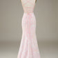 Pink Mermaid Spaghetti Straps Sparkly Long Prom Dress with Slit Evening Dresses