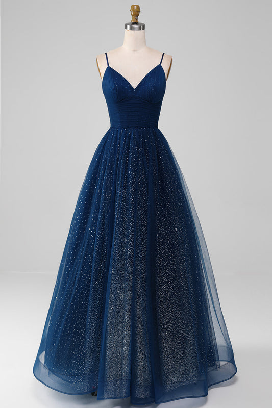 Navy Ball-Gown Spaghetti Straps V-Neck Long Beaded Tulle Prom Dresses Sparkly Evening Dresses