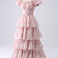 Light Blue Floral Print A-Line Off The Shoulder Tiered Prom Dress Floor Length Beautiful