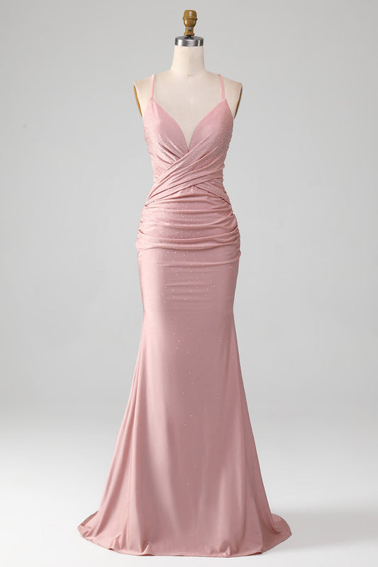 Sparkly Blush Mermaid Spaghetti Straps Beaded Long Prom Dress Sexy Evening Dresses