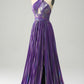 Sparkly Purple A-Line Halter Pleated Prom Dress with Slit Sexy Evening Dresses