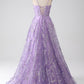 A-Line Spaghetti Straps Lilac Corset Prom Dress with Sequins Floor Length