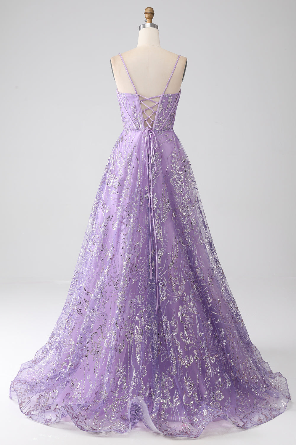 A-Line Spaghetti Straps Lilac Corset Prom Dress with Sequins Floor Length