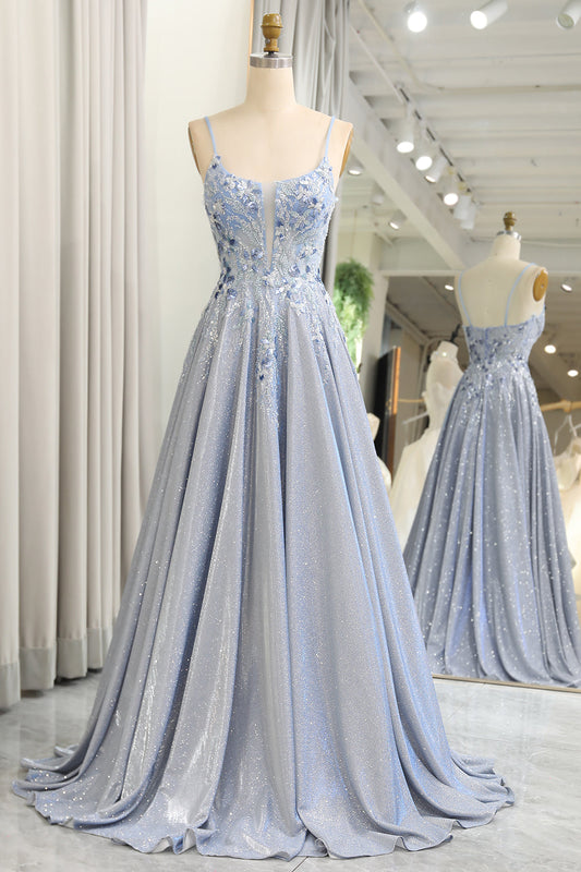 Glitter Grey Blue A-Line Spaghetti Straps Long Prom Dress With Appliques Sparkly Evening Dresses