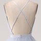 Dusty Blue A-Line Spaghetti Straps Tiered Floor Length Tulle Prom Dress V-neck