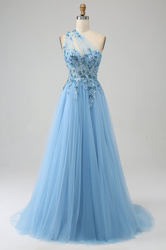 Light Blue A-Line One Shoulder Sequin Prom Dress with Appliques Floor Length