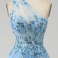 Light Blue A-Line One Shoulder Sequin Prom Dress with Appliques Floor Length