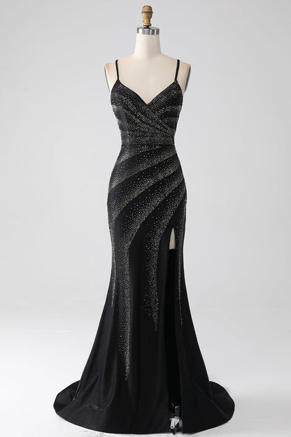 Sparkly Black Mermaid Spaghetti Straps Beaded Prom Dress with Slit Sexy