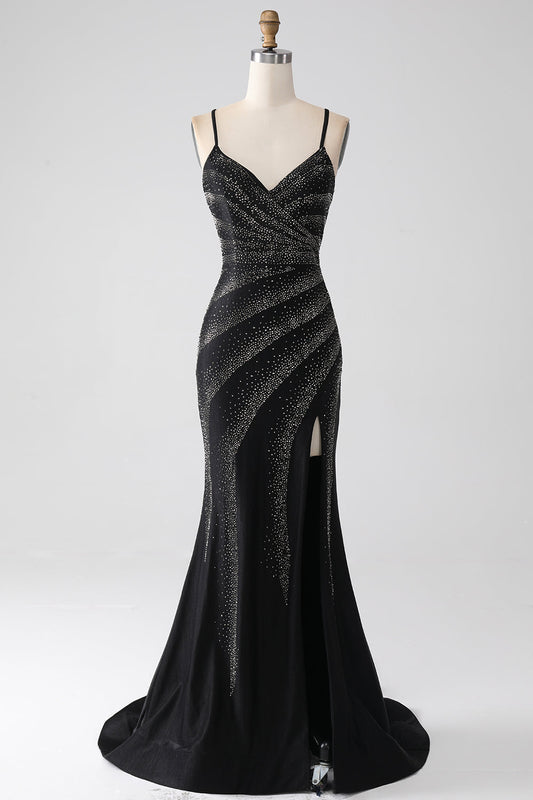 Sparkly Black Mermaid Spaghetti Straps Beaded Prom Dress with Slit Sexy