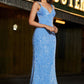 Sparkly Blue Mermaid Spaghetti Straps Long Prom Dress With Sequins V-neck Sexy