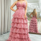 A-Line Spaghetti Straps Layered Tulle Prom Dress with Floral Printed Sexy