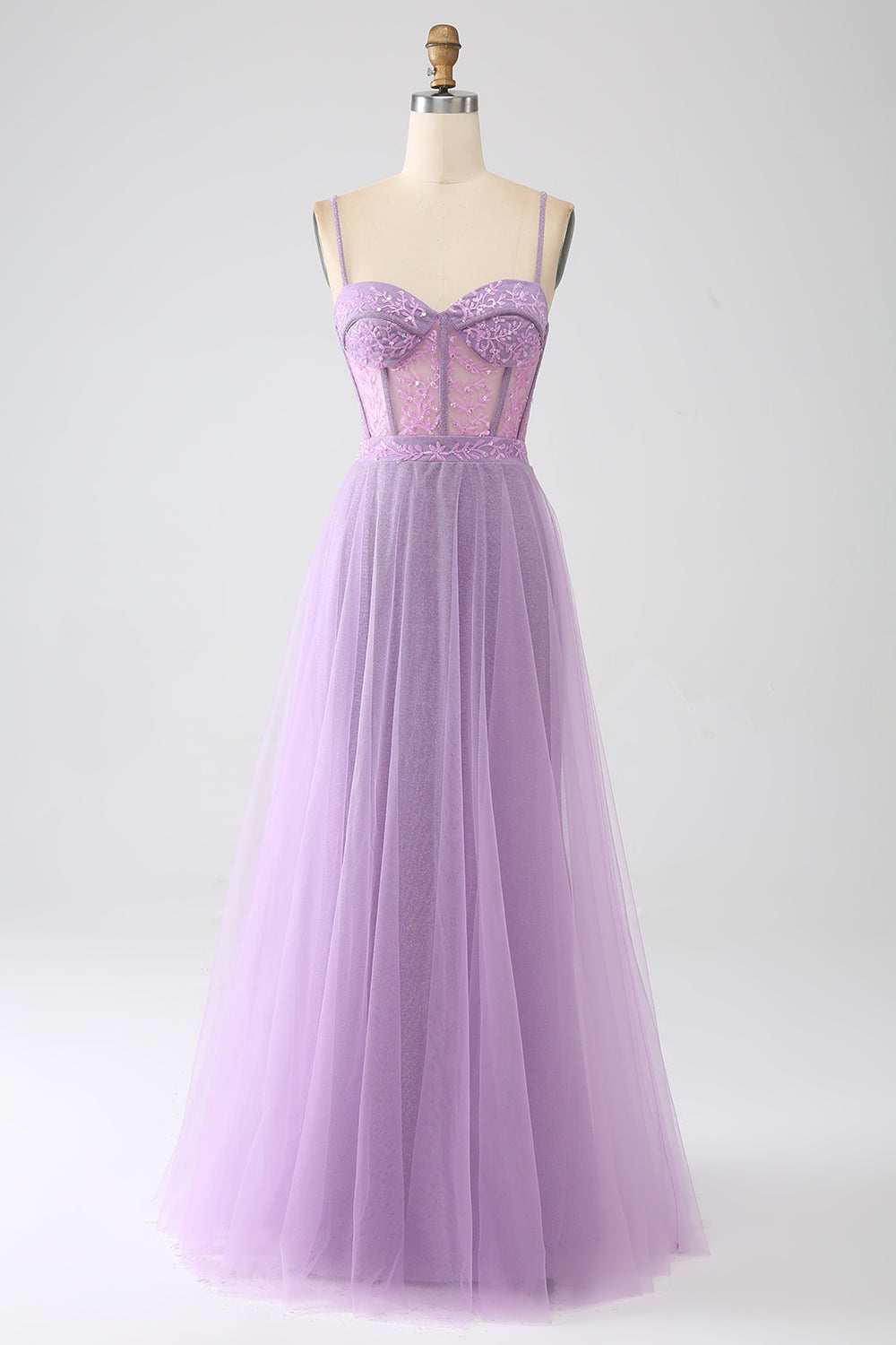 A-Line Lilac Spaghetti Straps Long Corset Prom Dress Floor Length