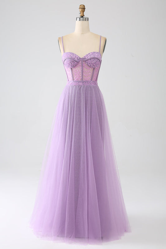 A-Line Lilac Spaghetti Straps Long Corset Prom Dress Floor Length