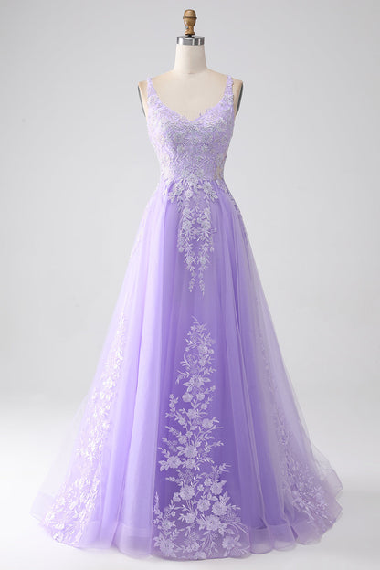 Lilac A-Line Spaghetti Straps Tulle Long Prom Dress with Appliques Beautiful