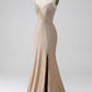 Sparkly Champagne Mermaid Spaghetti Straps Long Prom Dress with Slit Sexy Evening Dresses