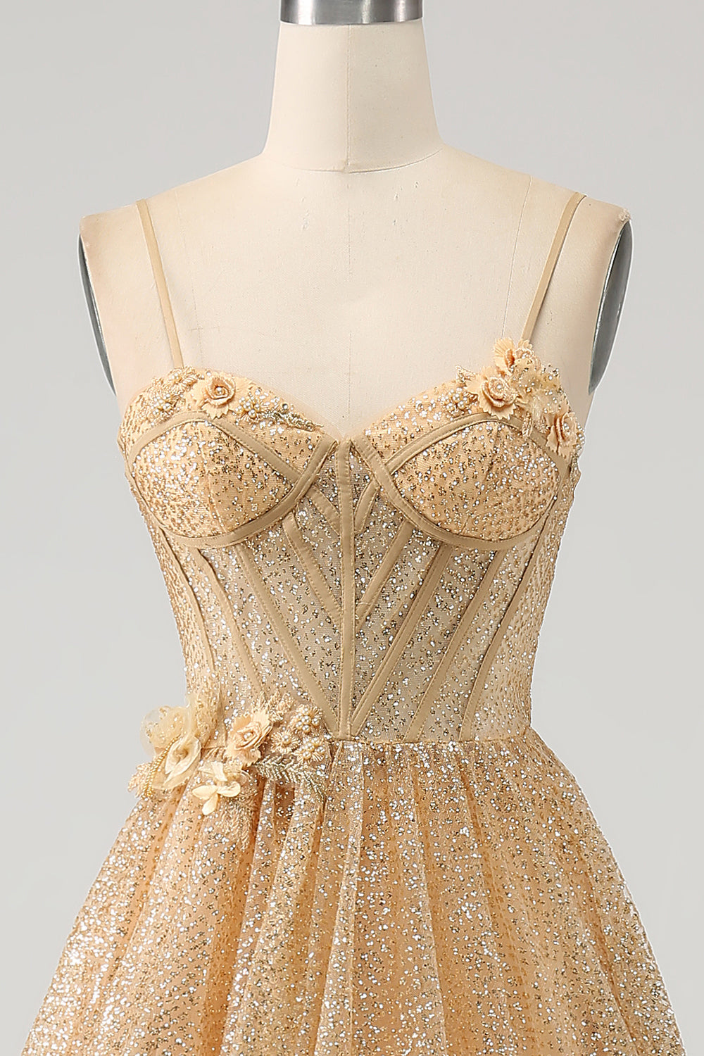 Glitter Golden A-Line Spaghetti Straps Corset Long Prom Dress with Flowers Sparkly