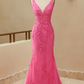 V Neck Prom Dresses Mermaid Lace With Applique And Sash Sweep Train Beautiful