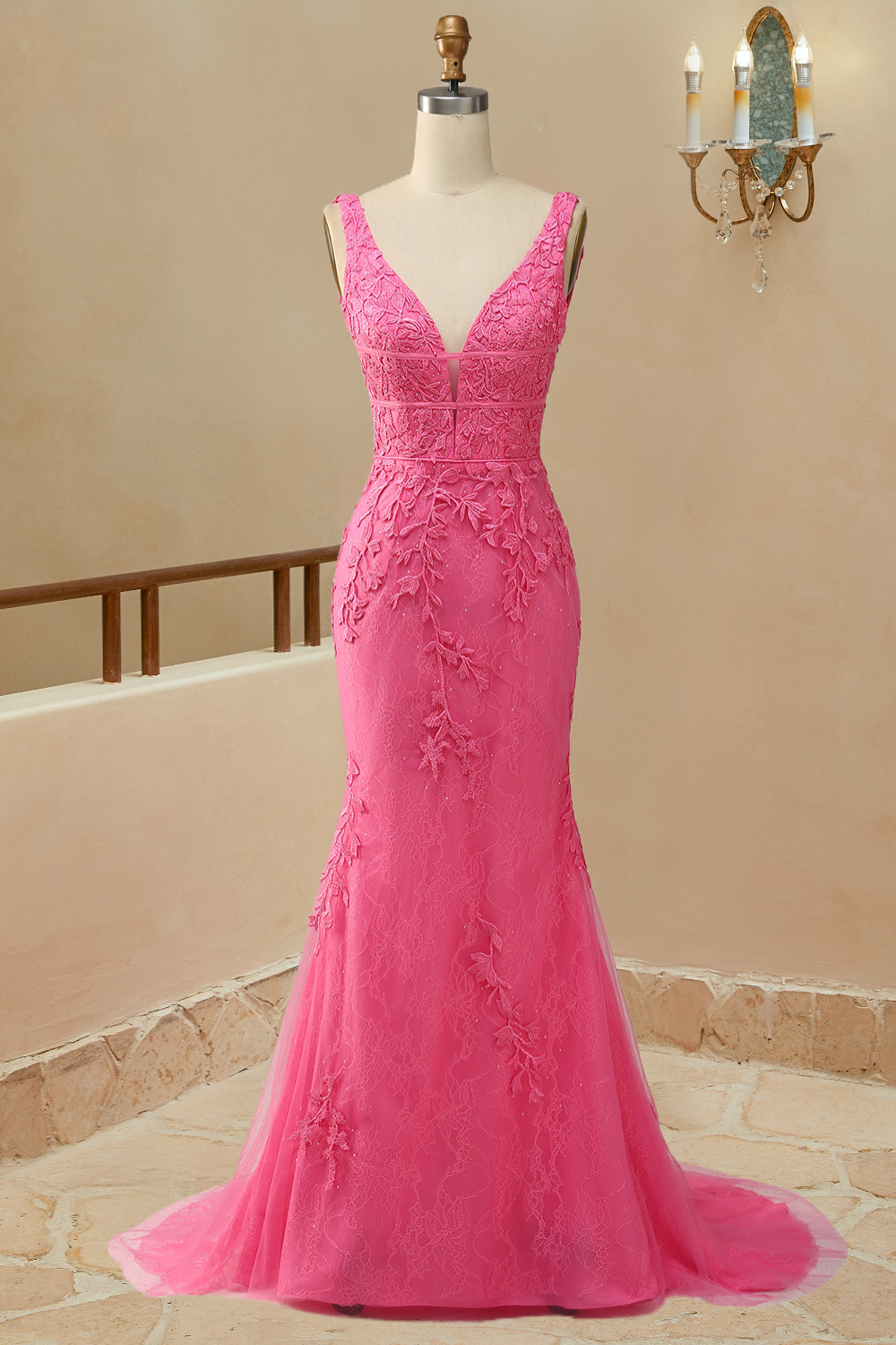 V Neck Prom Dresses Mermaid Lace With Applique And Sash Sweep Train Beautiful