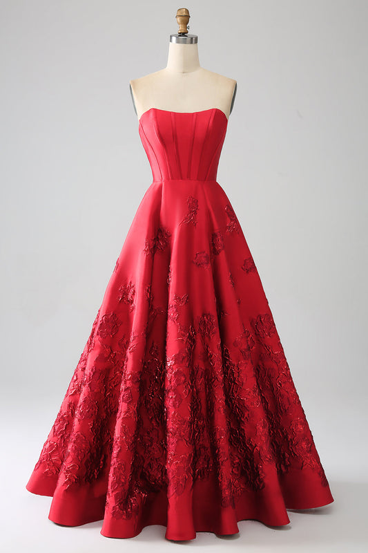 Elegant Princess A-Line Strapless Red Long Prom Dress with 3D Flowers Off Shoulder