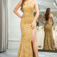 Golden Mermaid One Shoulder Fringe Glitter Sequin Prom Dress With Slit Sexy Evening Dresses