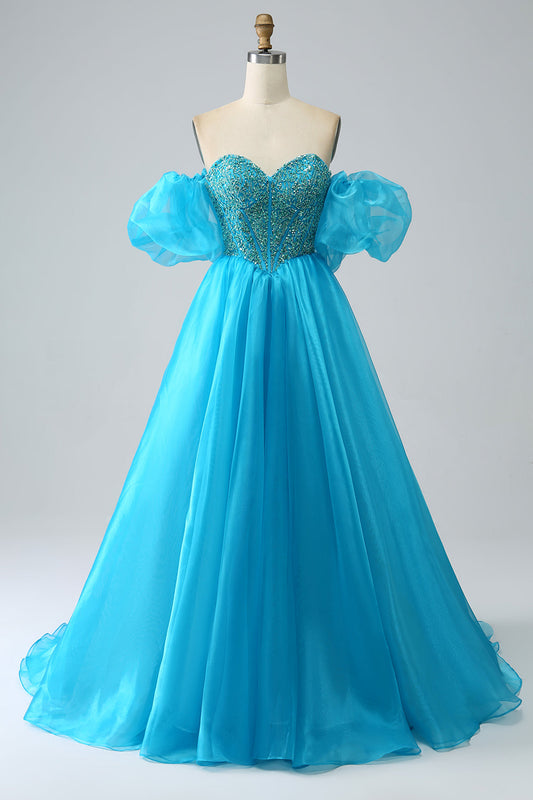 Blue Ball-Gown Sweetheart Beaded Corset Prom Dress with Detachable Sleeves Off Shoulder