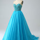 Blue Ball-Gown Sweetheart Beaded Corset Prom Dress with Detachable Sleeves Off Shoulder