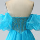 Blue Ball-Gown Sweetheart Beaded Corset Prom Dress with Detachable Sleeves Off Shoulder